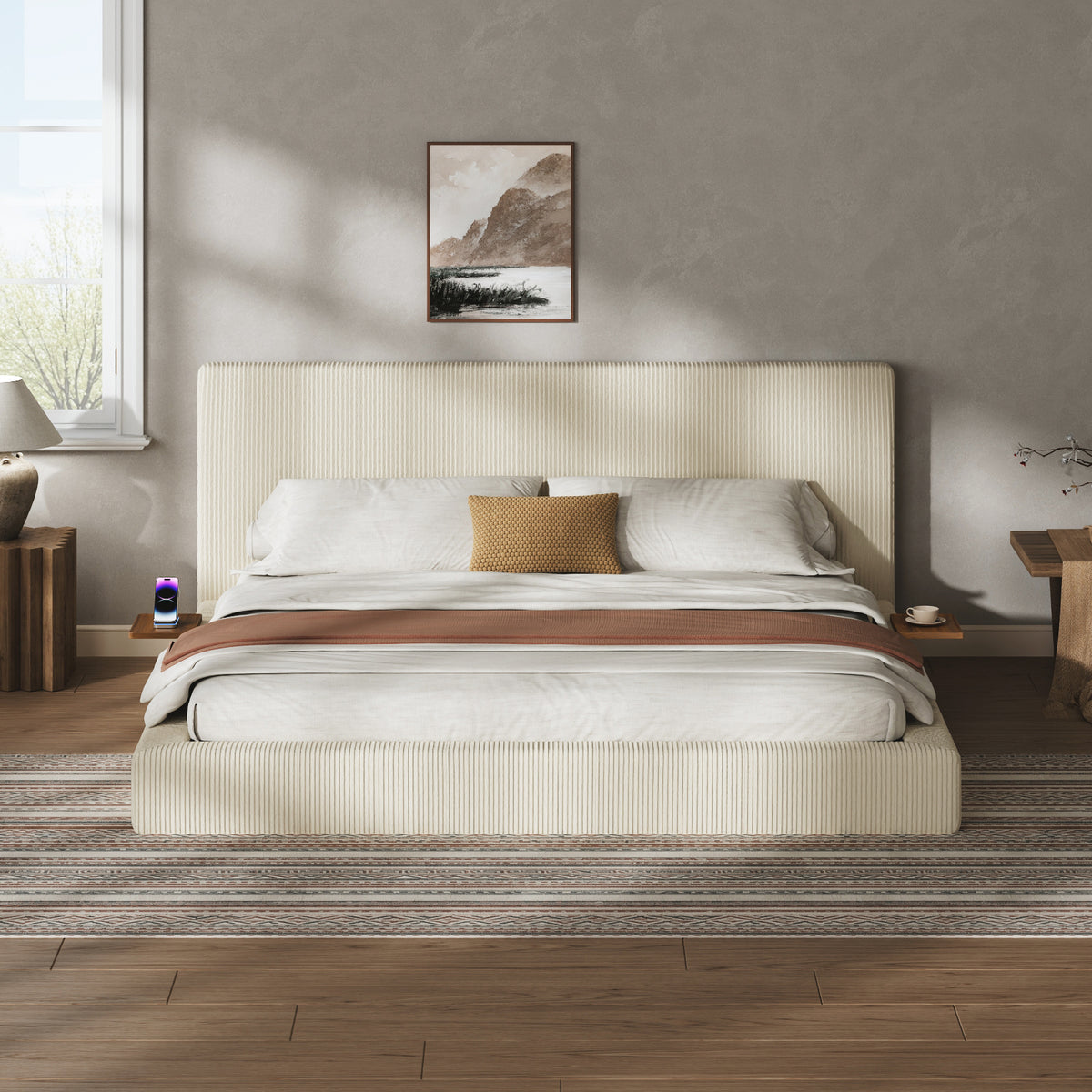 King Upholstered Platform Bed Creamy White