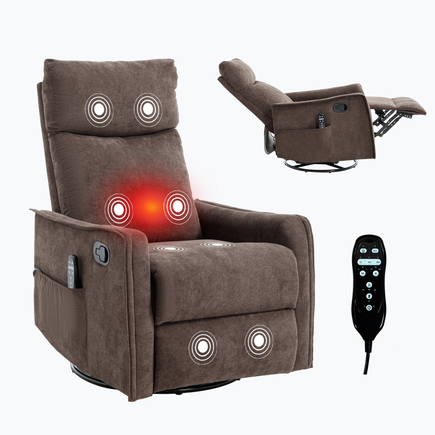 Recliner Chair Swivel Rocker Polyester Brown 360 Degree Heat Massage 155