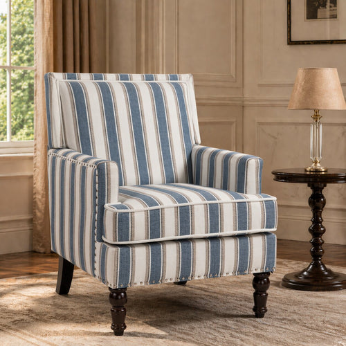 Accent Chair Vintage Striped Linen Blue White Nailhead Solid Wood Legs
