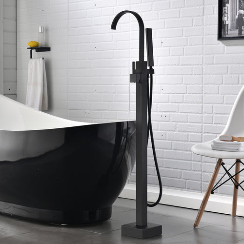Brushed Nickel Floor Mount Tub Filler with Handheld Shower