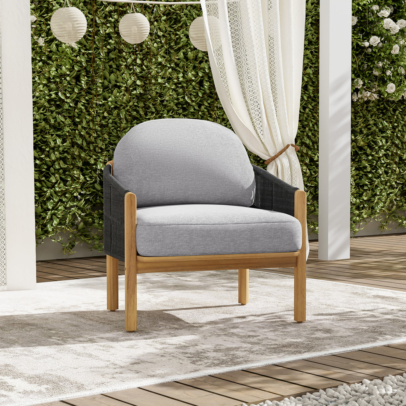 Outdoor Club Chair Acacia Wood Rope Woven Dark Gray Cushion