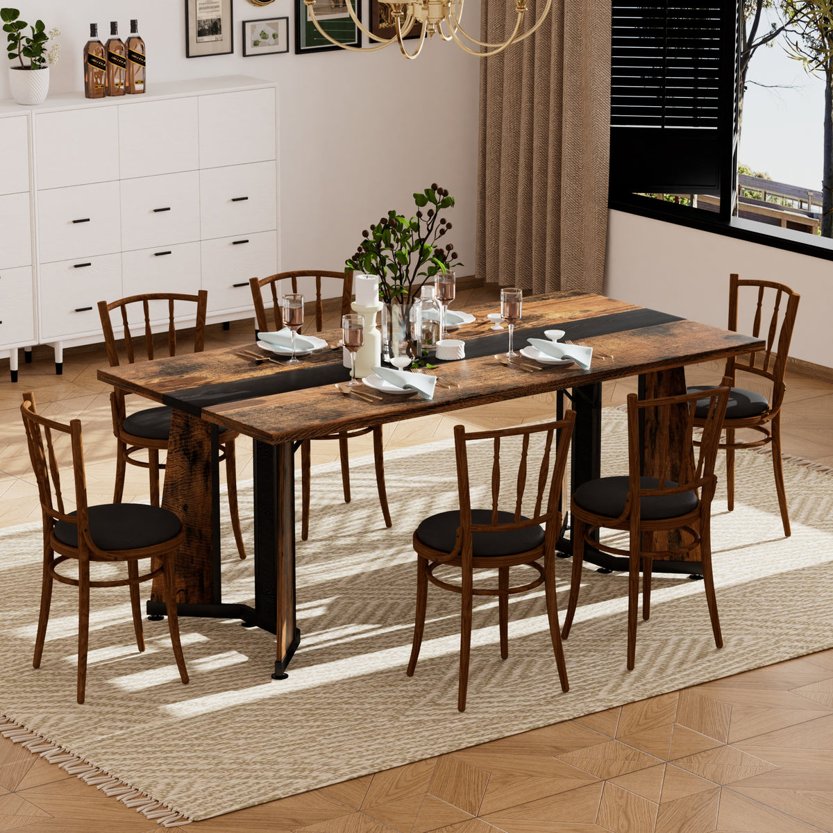 Rectangular Engineered Wood Dining Table Black/Rustic Brown 71"