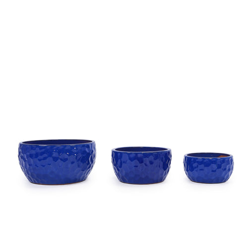 3 Piece Ceramic Planter Pot Set Indoor Outdoor Antique Blue