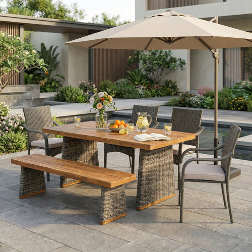 6 Pcs Outdoor Acacia Wood Dining Set with PE Rattan Stacking Chair, Grey