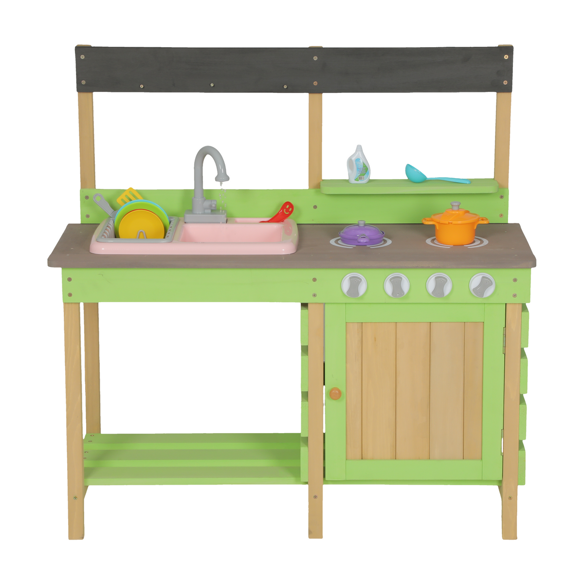 Kids Play Kitchen in Green with Wood Mud Kitchen Set & Water Play Toys for Outdo