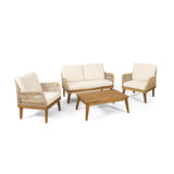 Outdoor Chat Set Acacia Wood Rope Teak Cushions 4 Piece Seats 4