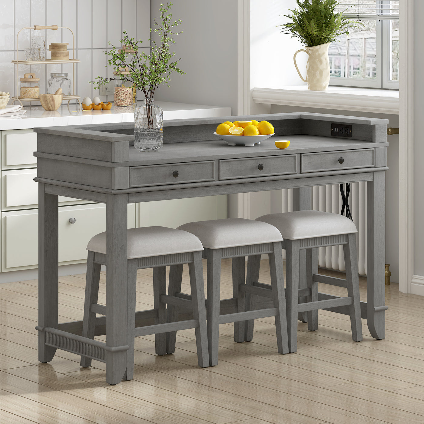 4-Piece Dining Table Set with Storage Drawers Light Grey