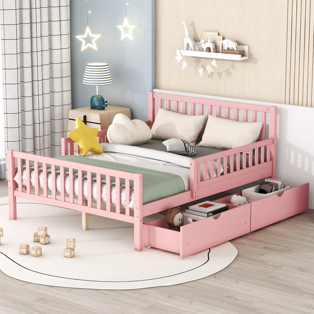 Full Wood Platform Bed Pink