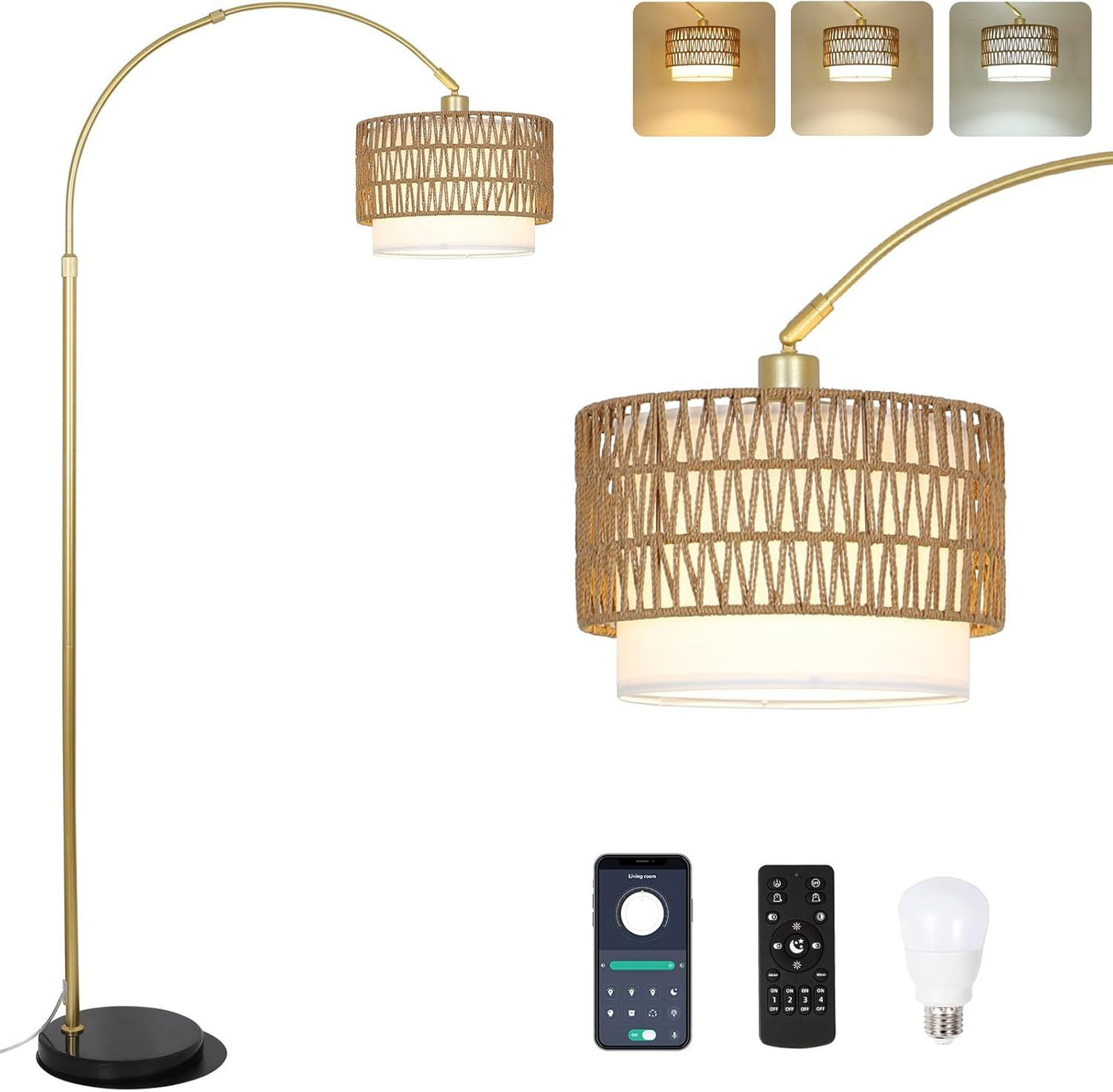 Arc Floor Lamp with Rattan Shade and Dimming Remote