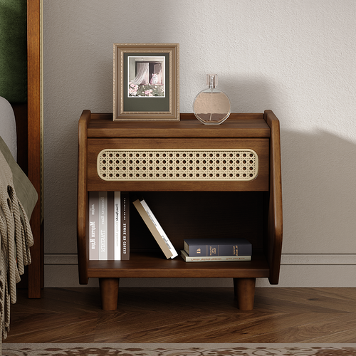 Walnut Rattan Nightstand with Drawer and Shelf