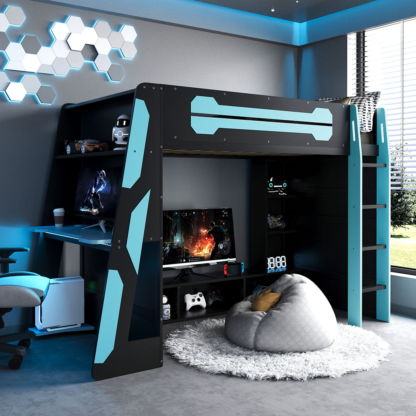 Twin Size Wood Loft Bed with Desk, Multi-storage Shelves and RGB Light, Cloud Blue