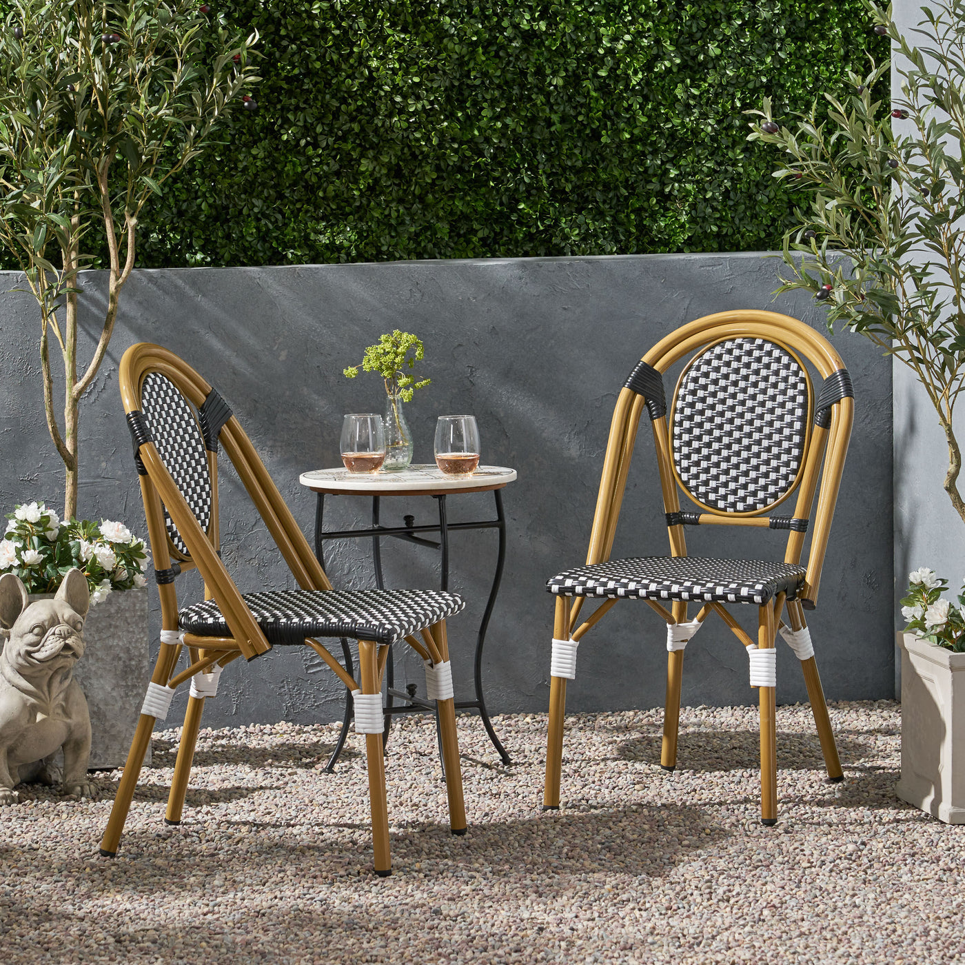 Set of 2 Outdoor PE Rattan Aluminum Bistro Chairs, Black & White