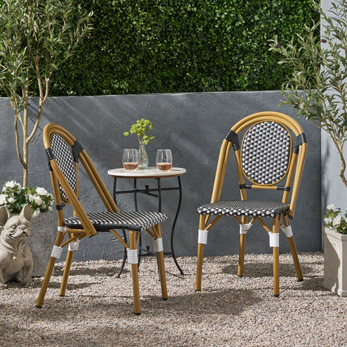 Set of 2 Outdoor PE Rattan Aluminum Bistro Chairs, Black & White