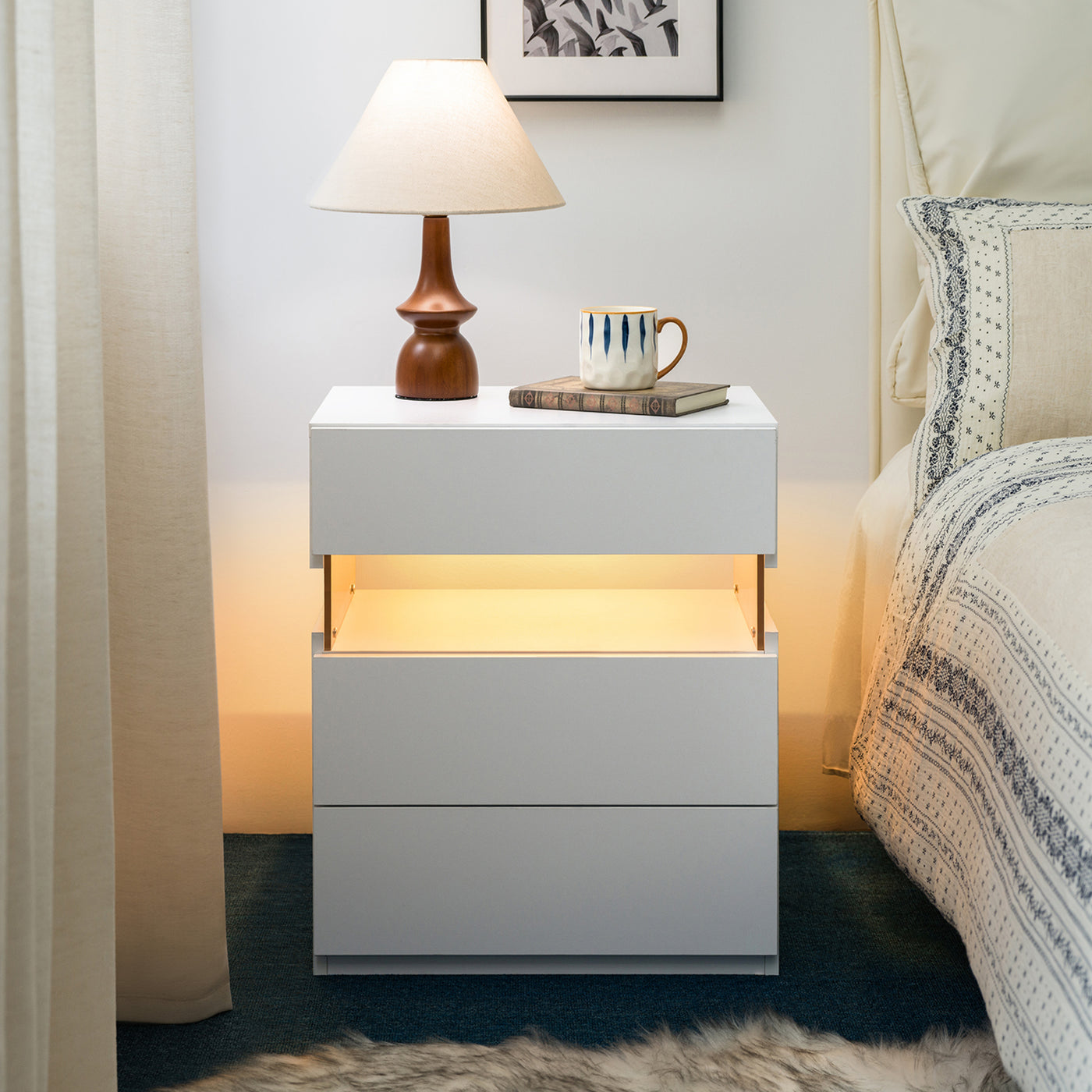 LED Nightstand 3 Drawer Dresser Bedside Table White