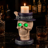 Halloween Skull Candle Holder with Glowing Green Eyes, Gothic Skeleton Head Stat