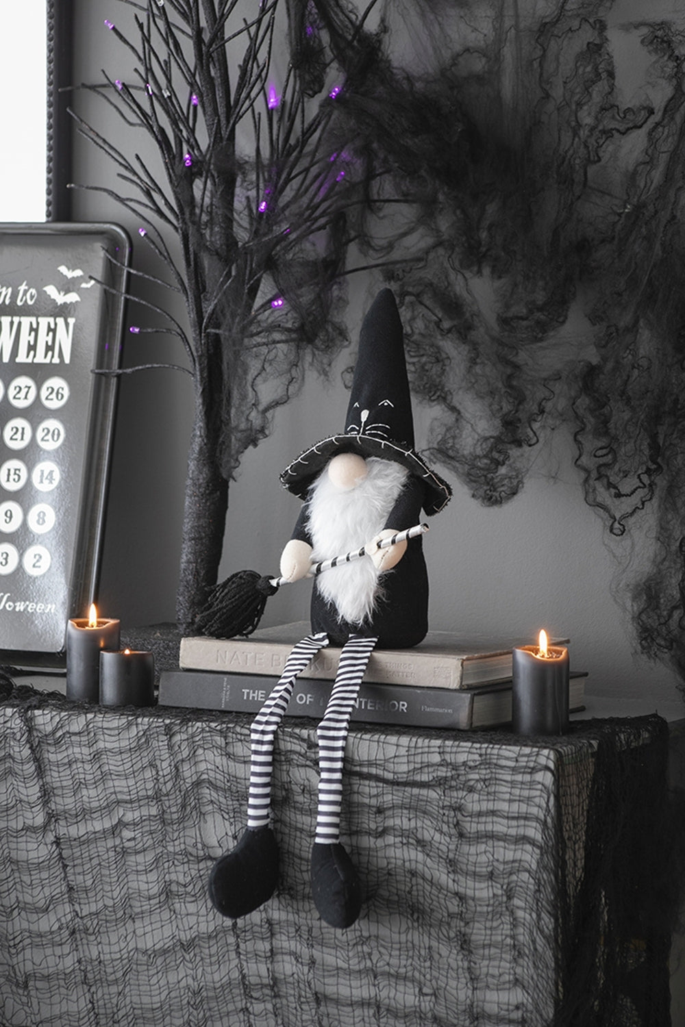 Set of 2, 4.3x4x26.8' Fabric Sitting Black Gnome With Broomstick&Long Legs, for