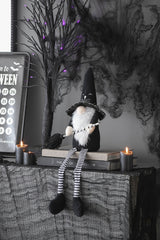 Set of 2, 4.3x4x26.8' Fabric Sitting Black Gnome With Broomstick&Long Legs, for
