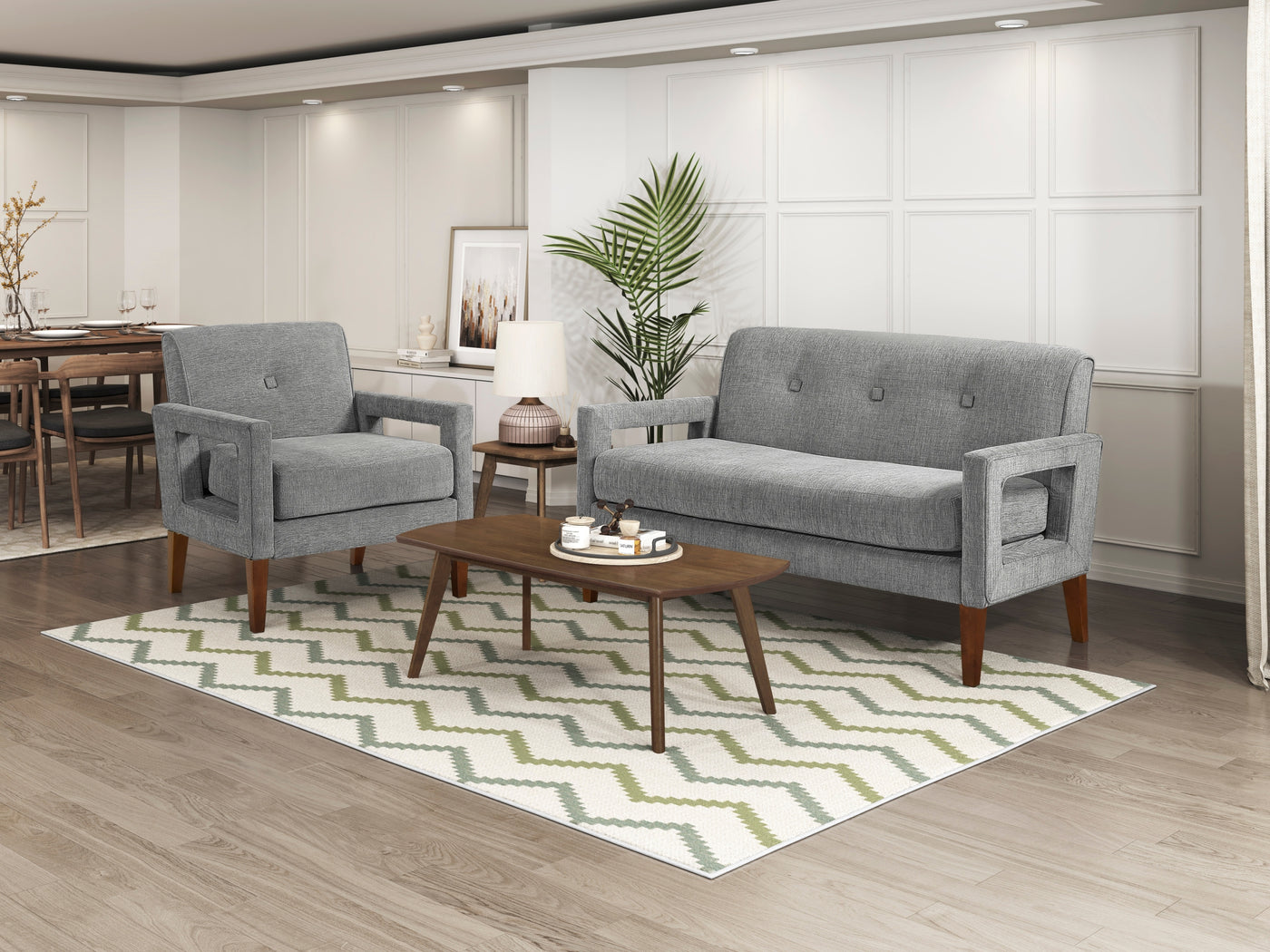 Gray Chenille Loveseat Chair 2pc Set Pocket Coils Wood Legs