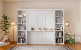 White Queen Size Murphy Bed with Desk and Bookshelf, Pine Wood + MDF, 116.9''L x 84.6''W x 86.8''H