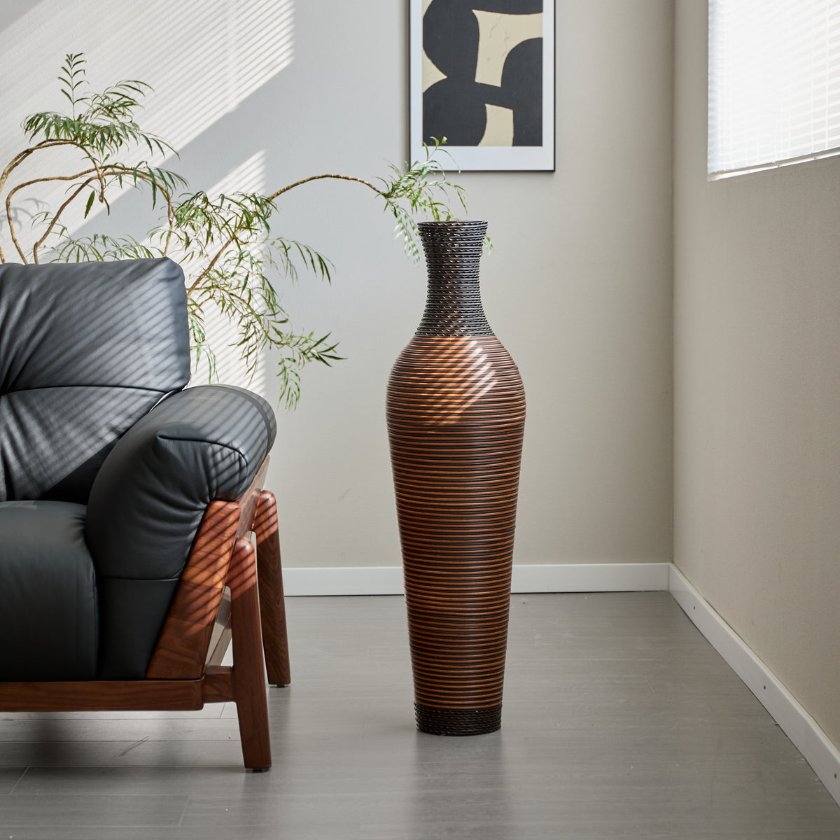 Hand-Woven PVC Rattan Floor Vase, 39 Inch Tall Black Gray Decorative Vase