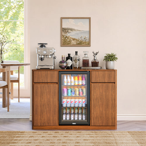 53.2" Fluted Walnut Buffet Cabinet with Mini Fridge Nook & Charging Station