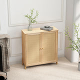 Mid-Century Modern Storage Cabinet with Woven Rattan Doors & Adjustable Shelves