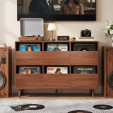 44.1" Mid Century Walnut Record Player Stand with Vinyl Storage