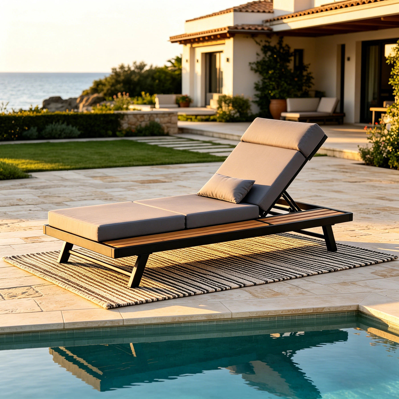 Black Iron Teak Outdoor Chaise Lounge w/ Grey Cushion
