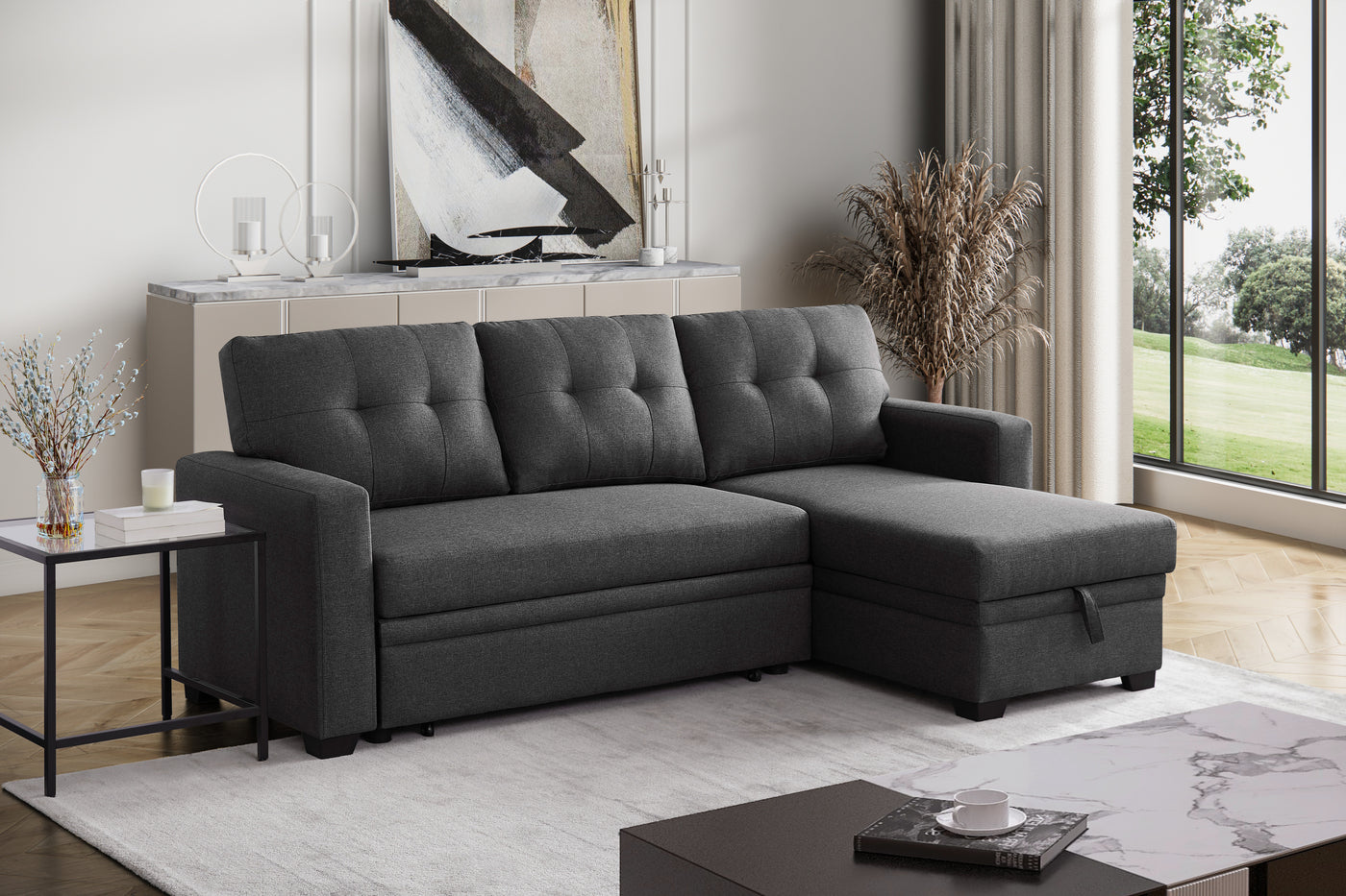 Convertible Upholstered Sectional Sofa with Pull-out Chaise