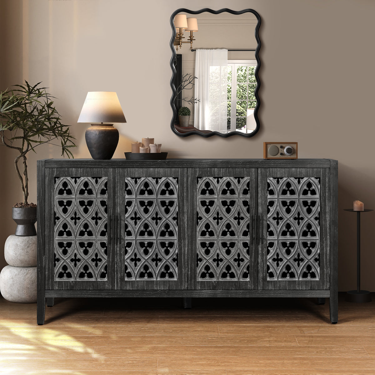 Hollow Four Door Antique Cabinet, American Country Style, Suitable for Living Ro