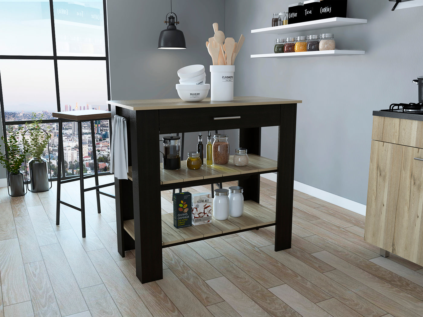 Cala Kitchen Island 40" Black Light Oak Two Shelves Drawer