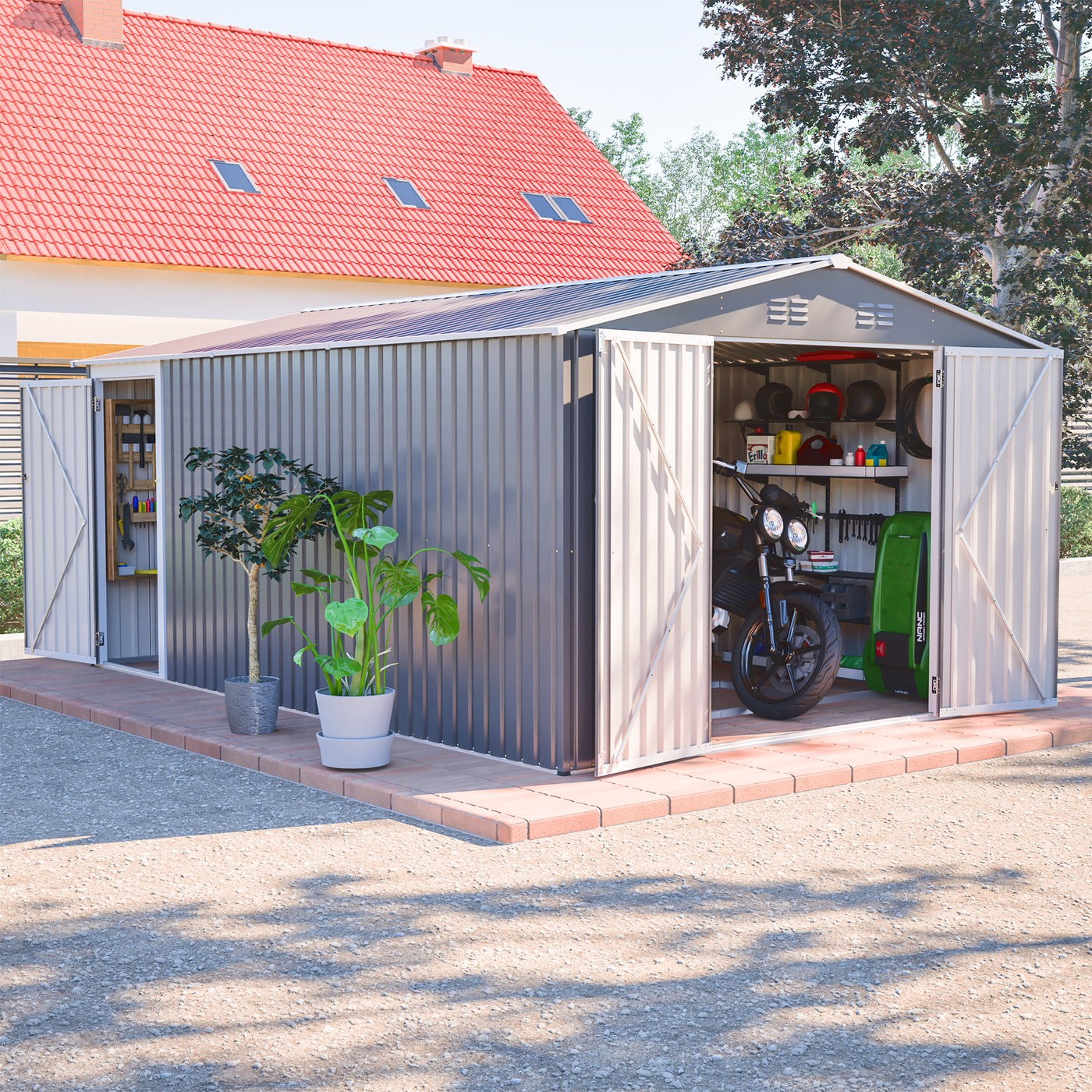10x14 ft Metal Storage Shed with 3 Lockable Doors