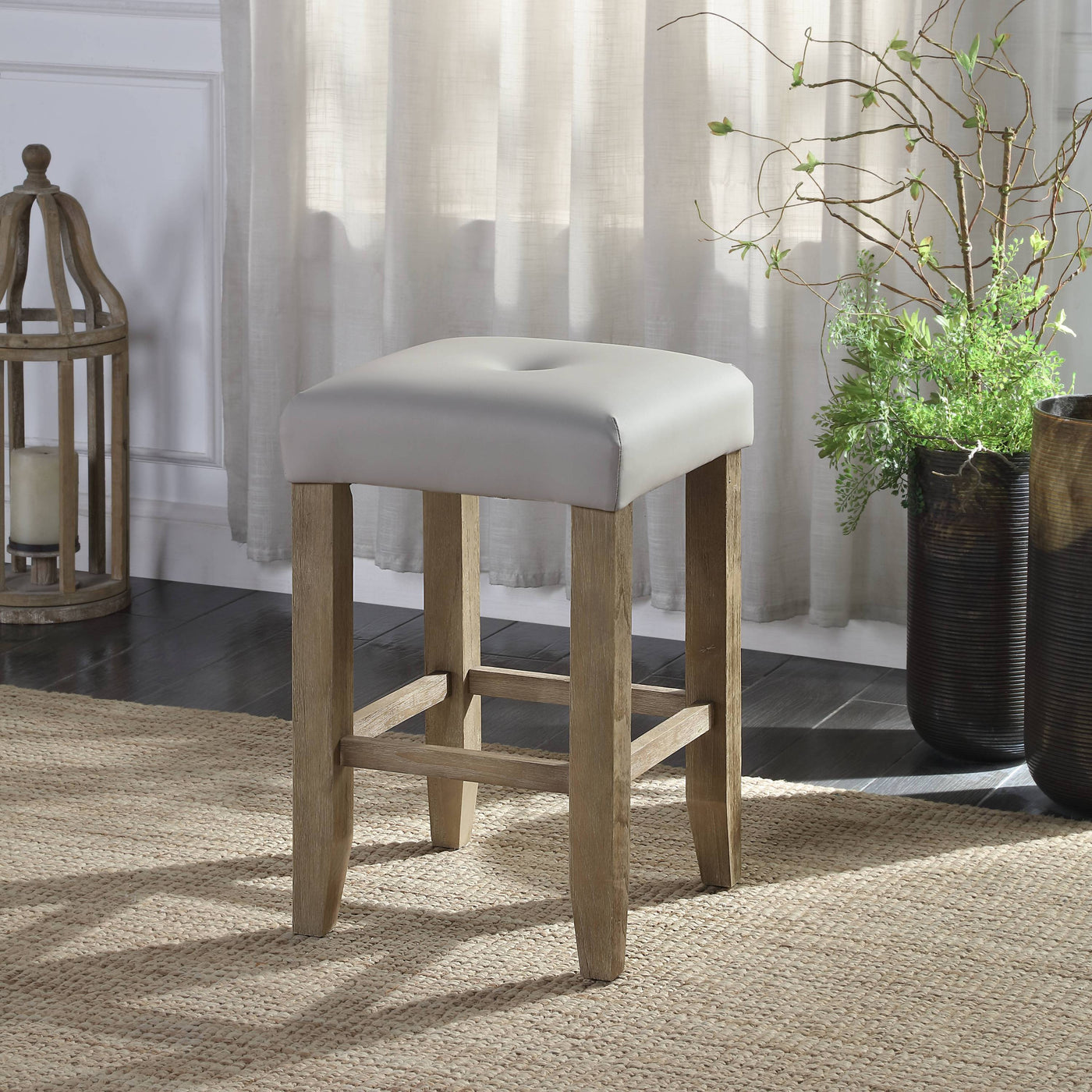 Counter Height Stool Set of 2 Gray Synthetic Leather