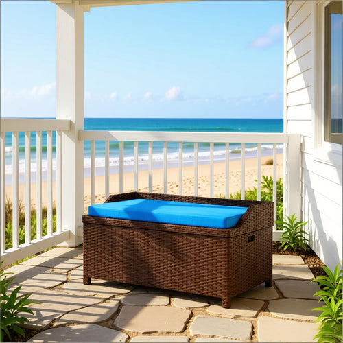 Patio Storage Bench, Garden Outdoor Wicker Storage Bench with Cushion