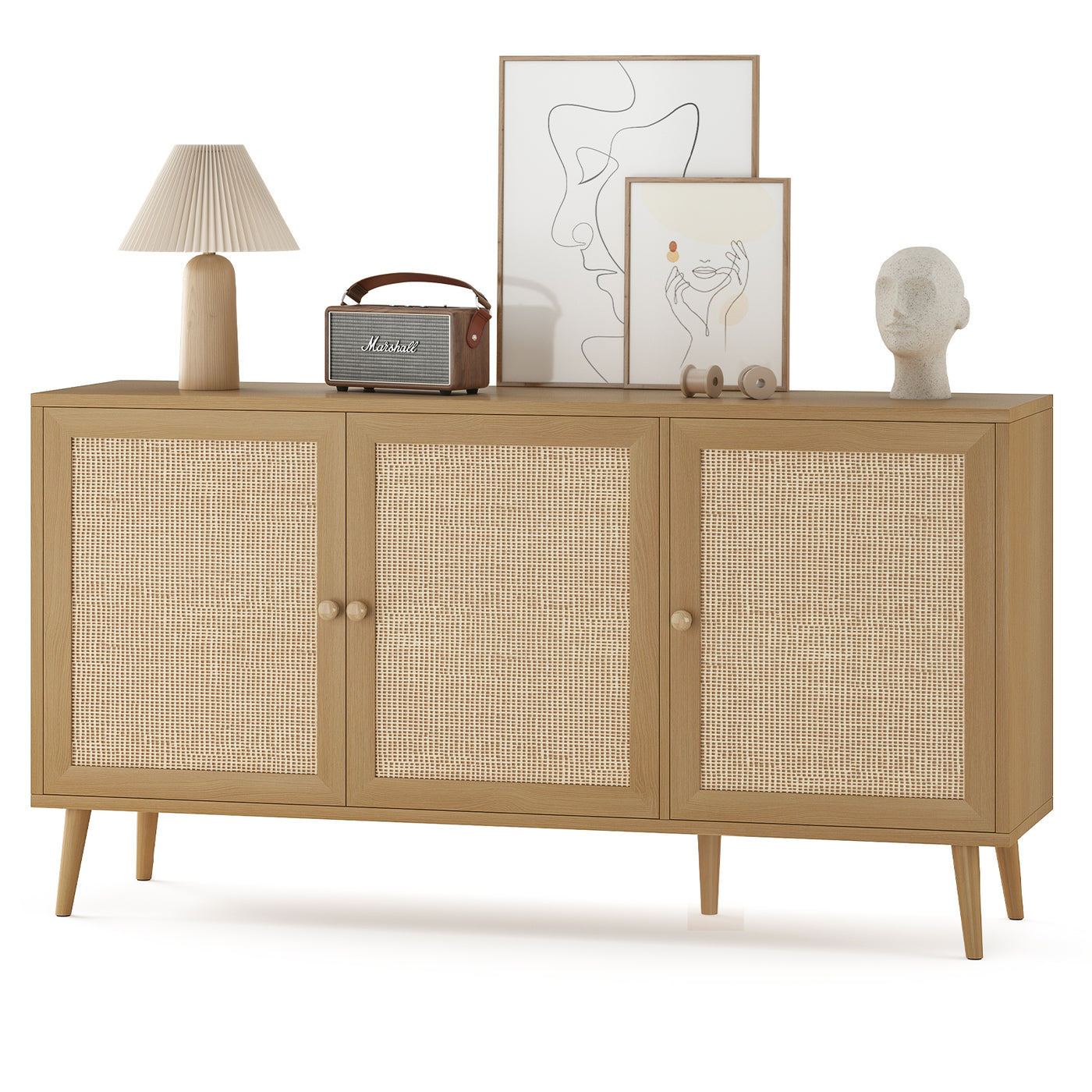 Sideboard Buffet Cabinet 3 Rattan Doors Natural Large