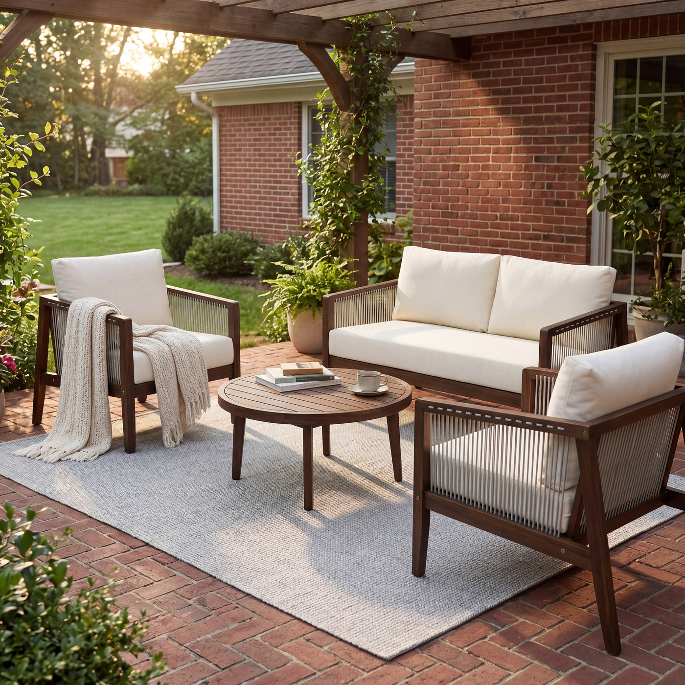 Outdoor 4-Piece Sofa Set, Acacia Wood Frame with Rope Detail, Water-Repellent Beige Cushions for Patio/Backyard/Deck, Dark Brown Finish