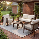 Outdoor 4-Piece Sofa Set, Acacia Wood Frame with Rope Detail, Water-Repellent Beige Cushions for Patio/Backyard/Deck, Dark Brown Finish