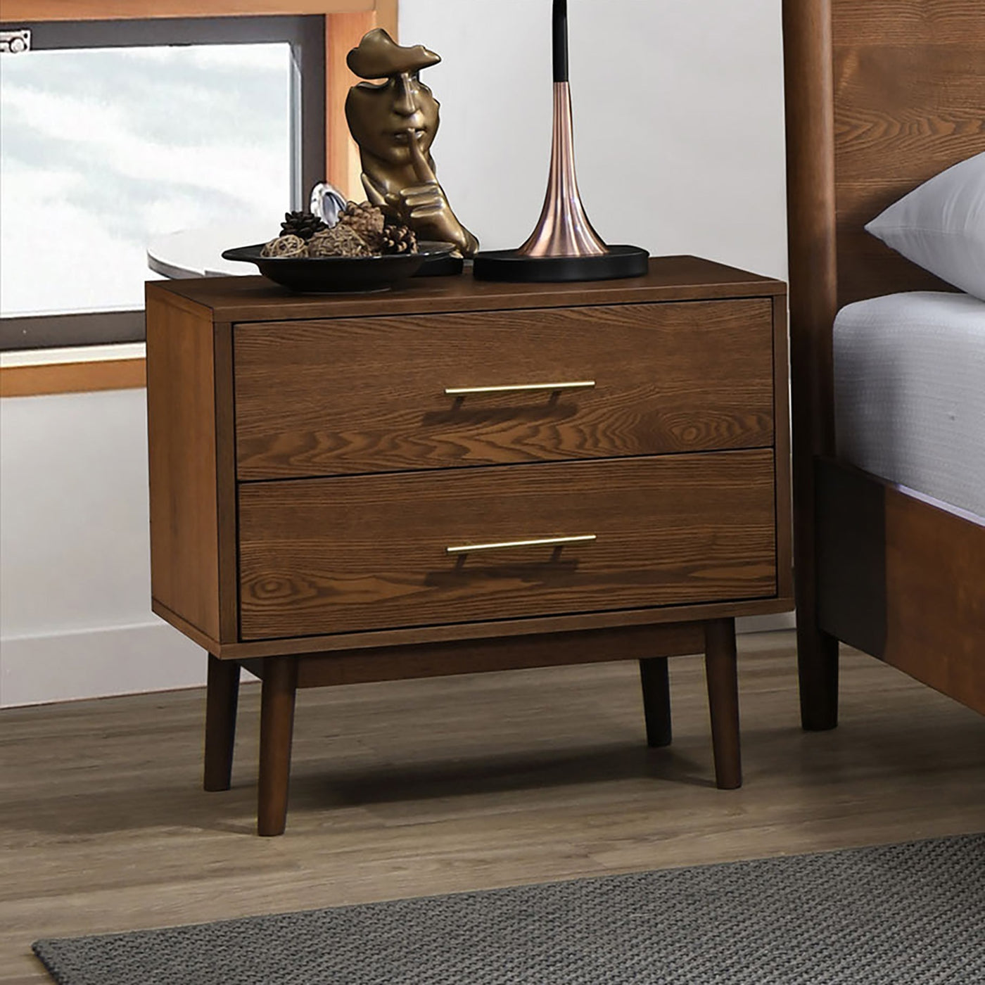 Walnut Solid Wood Nightstand 2-Drawer Bedside Table