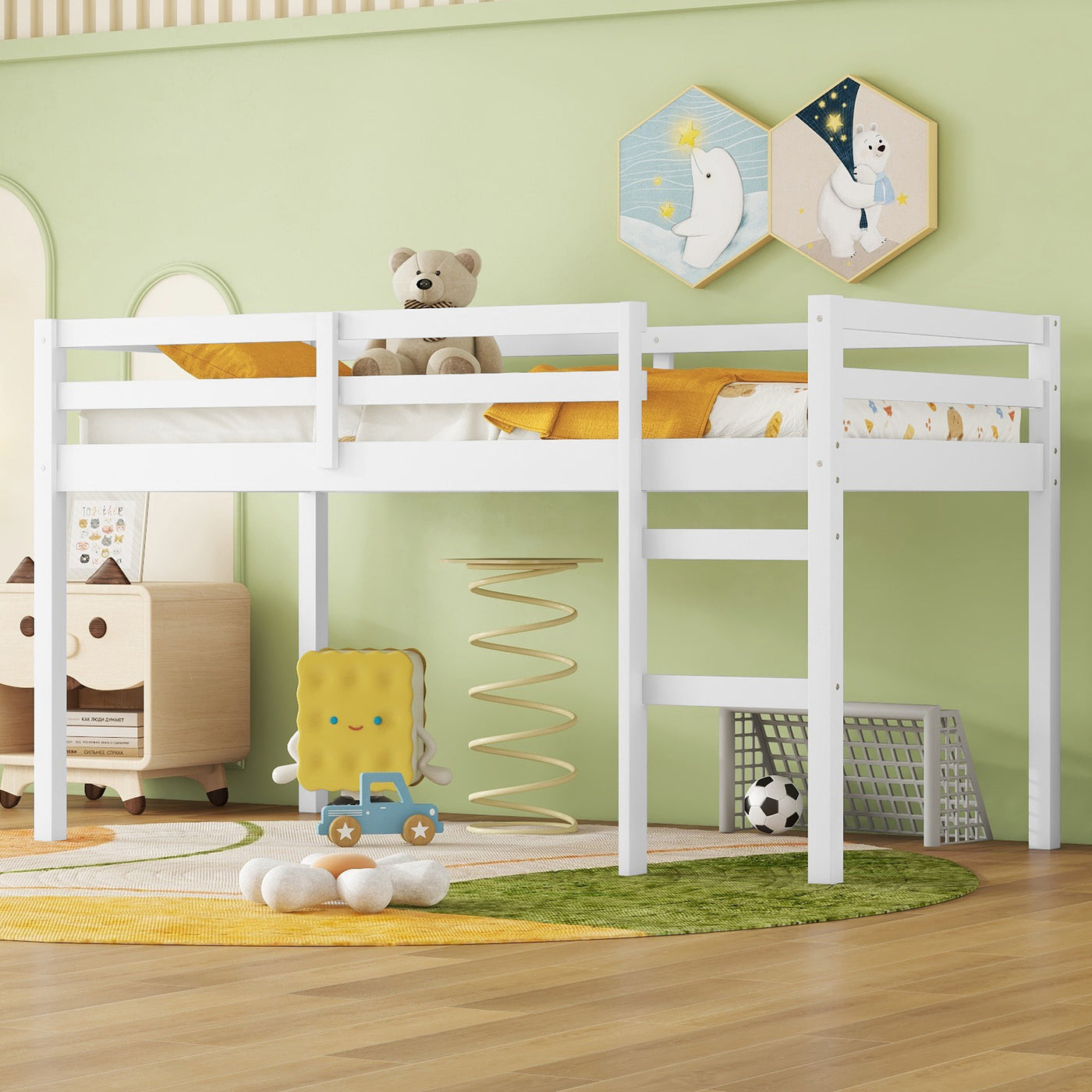 White Twin Loft Bed with Ladder and Wooden Slats
