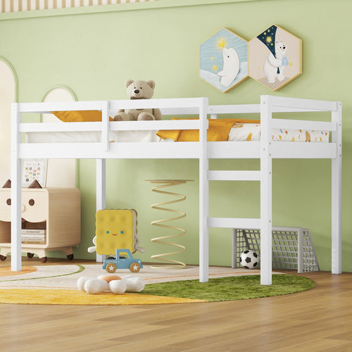 White Twin Loft Bed with Ladder and Wooden Slats
