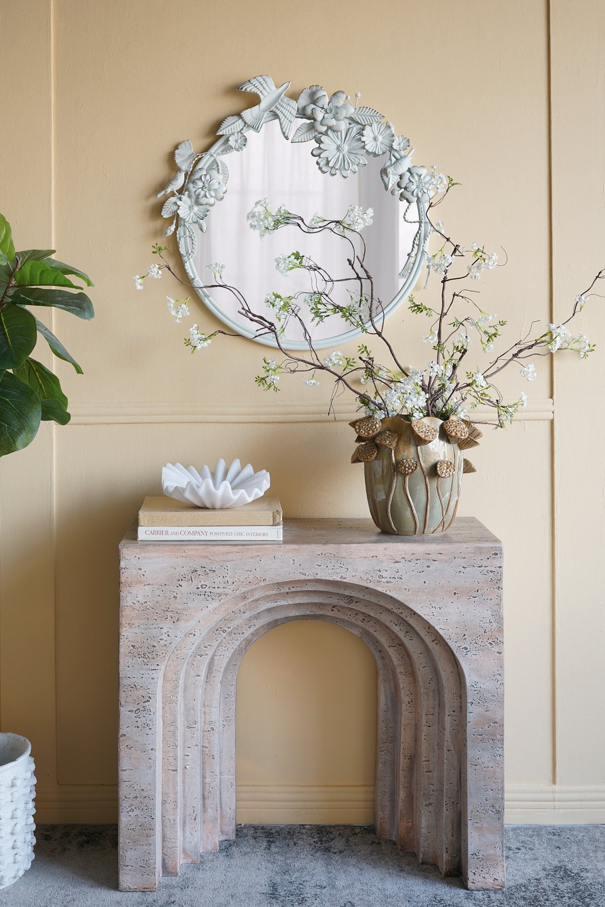 Modern Arched Console Table Beige Faux Travertine 32x14x30
