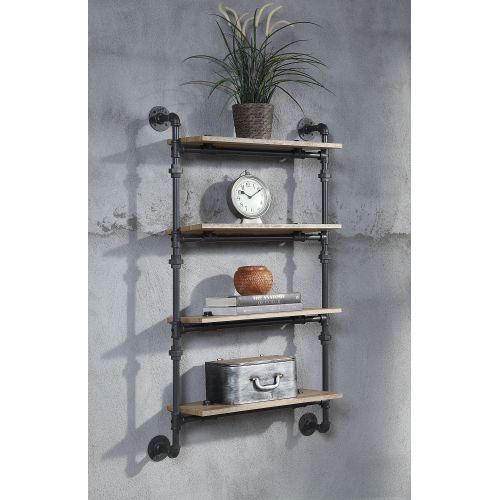 Wall Rack - Pipe Style Metal & Oak - Sandy Black - 4 Shelves