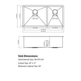 36"x19"x10" Undermount Double Bowl(60/40) Kitchen Sink - 16 Gauge