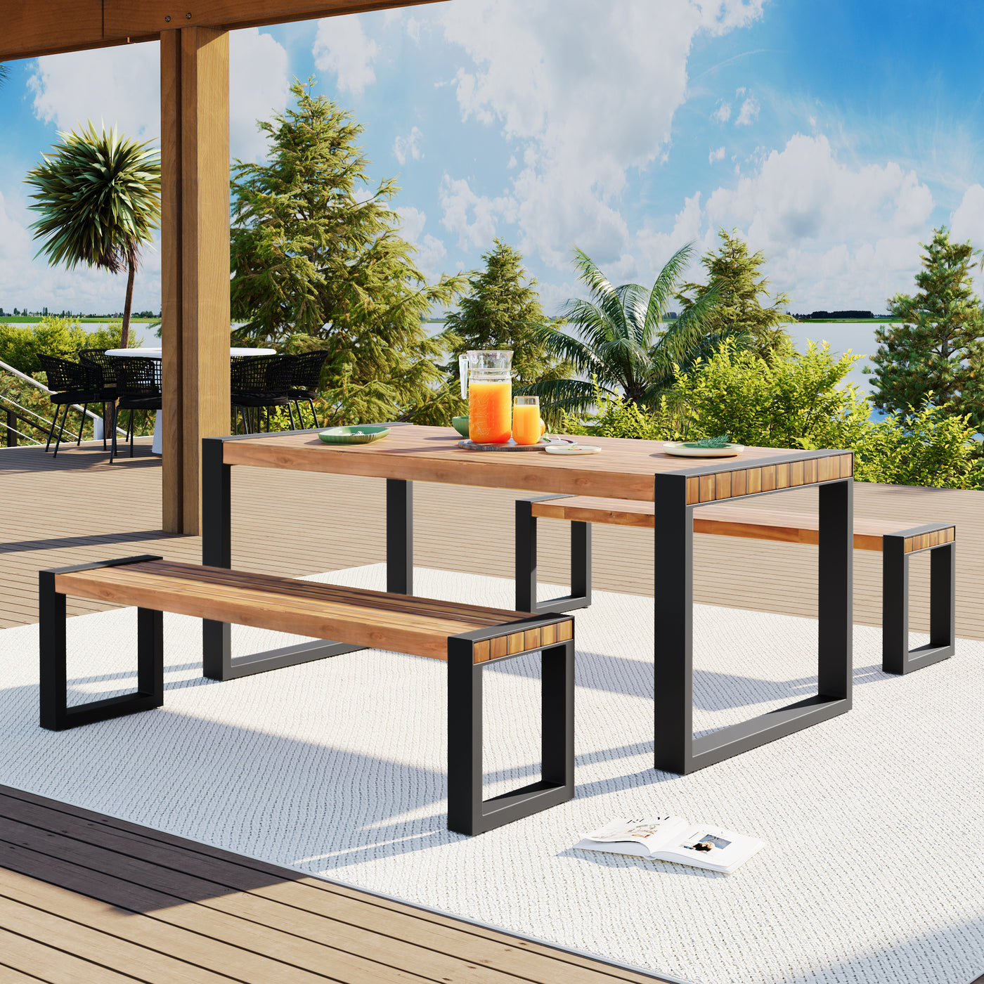3-Piece Acacia Wood Outdoor Dining Table Set With 2 Benches