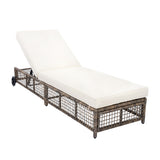 TREXM Outdoor Lounge Chair with 5-Position Backrest, Rattan Chaise Lounge in Beige Cushion + Grey Brown Frame, Iron Frame with Foam Cushion and Wheels for Poolside, Garden, or Backyard
