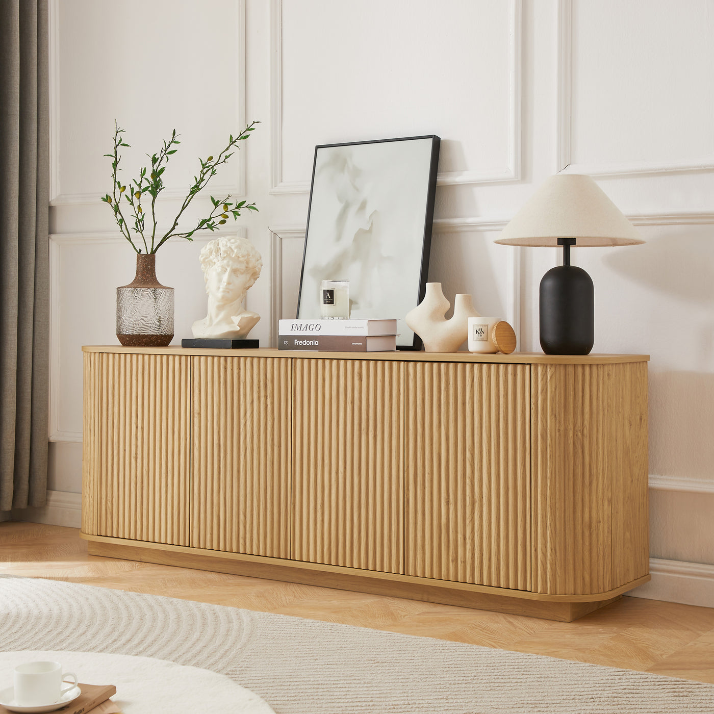 Wooden Sideboard Cabinet TV Stand 64"W Wave Pattern Striped