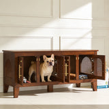 Indoor Rattan Rubber Wood Dog Crate Cabinet with 4 Doors