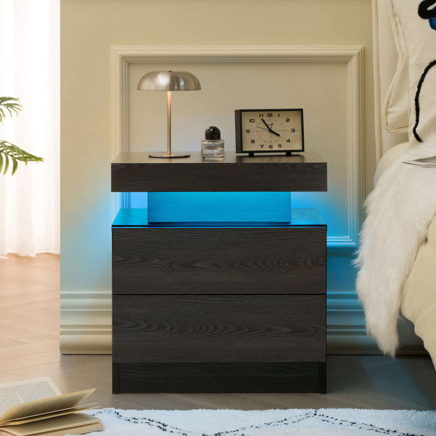 Black Woodgrain LED Nightstand with 2 Drawers
