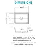 Quartz Kitchen Sink - 14.82" x 17.55" x 8.38" White Granite Composite