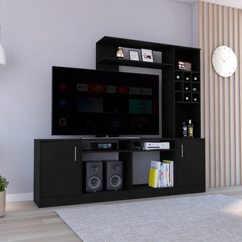 Black TV Entertainment Center Cabinet 78" Double Door Storage